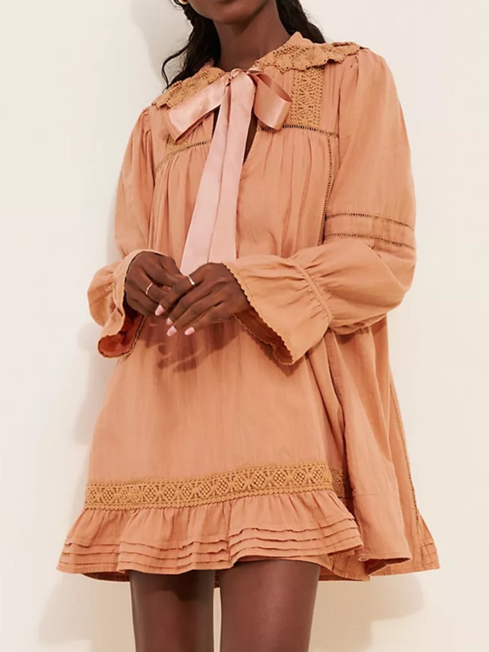 Free People 5 O’Clock Tea Time Mini Dress Peached Copper Cotton Crochet Lace